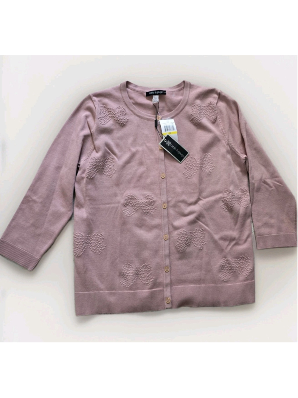 Cable & Gauge Women's Blush Cardigan Sweater Round Neck 3/4 Sleeves Buttons NWT